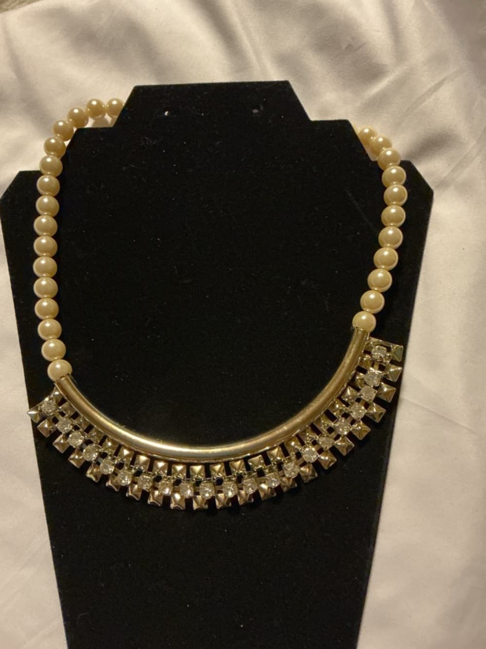 Gold Pearl Statement Necklace Rhinestone Fringe Bib Collar