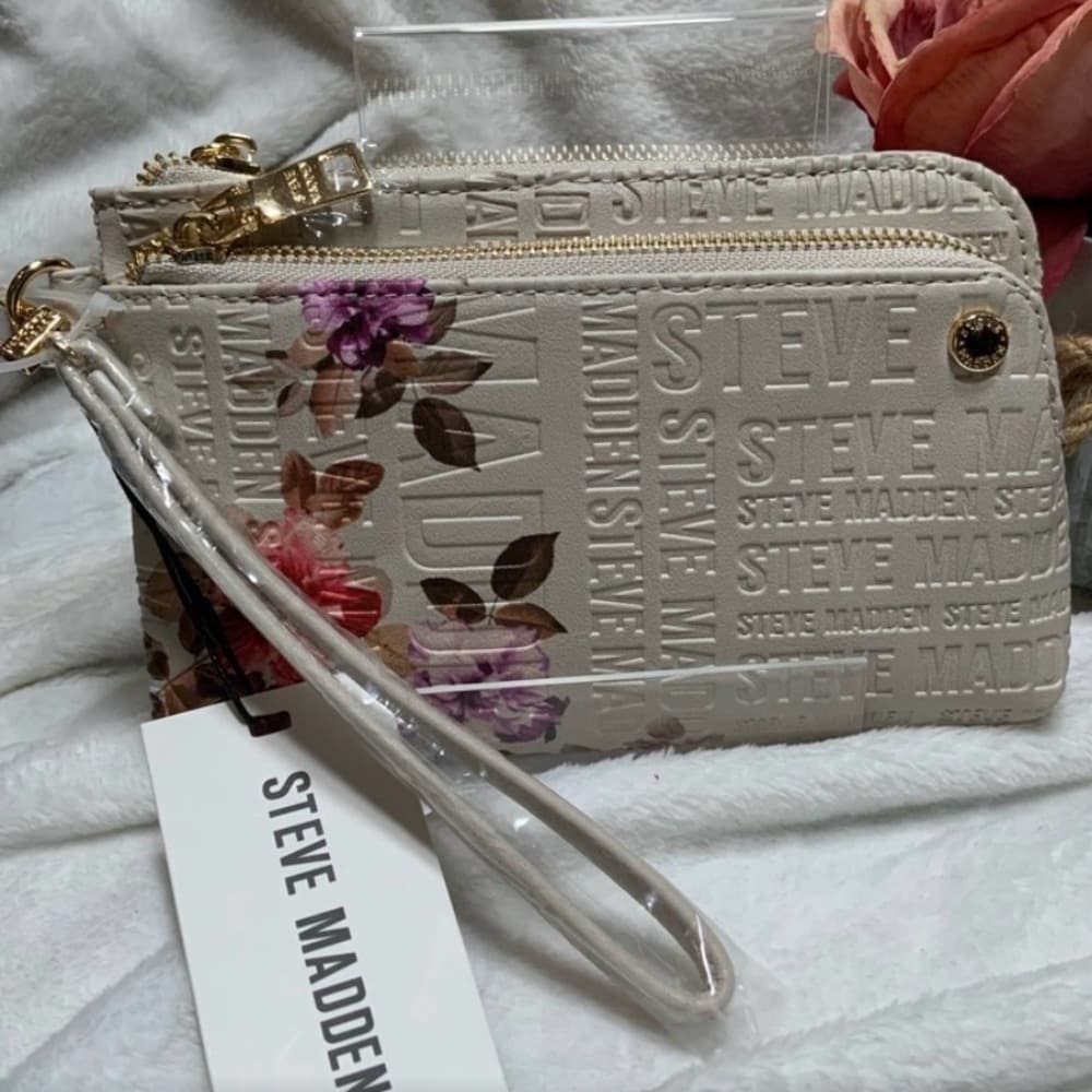 ⭐ Steve Madden Floral Logo Wristlet Wallet Double Zip Organizer NWT - Thumbnail 4