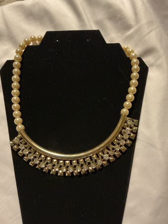 Gold Pearl Statement Necklace Rhinestone Fringe Bib Collar - Thumbnail 7
