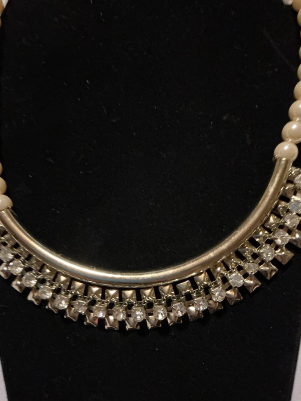 Gold Pearl Statement Necklace Rhinestone Fringe Bib Collar - Thumbnail 4