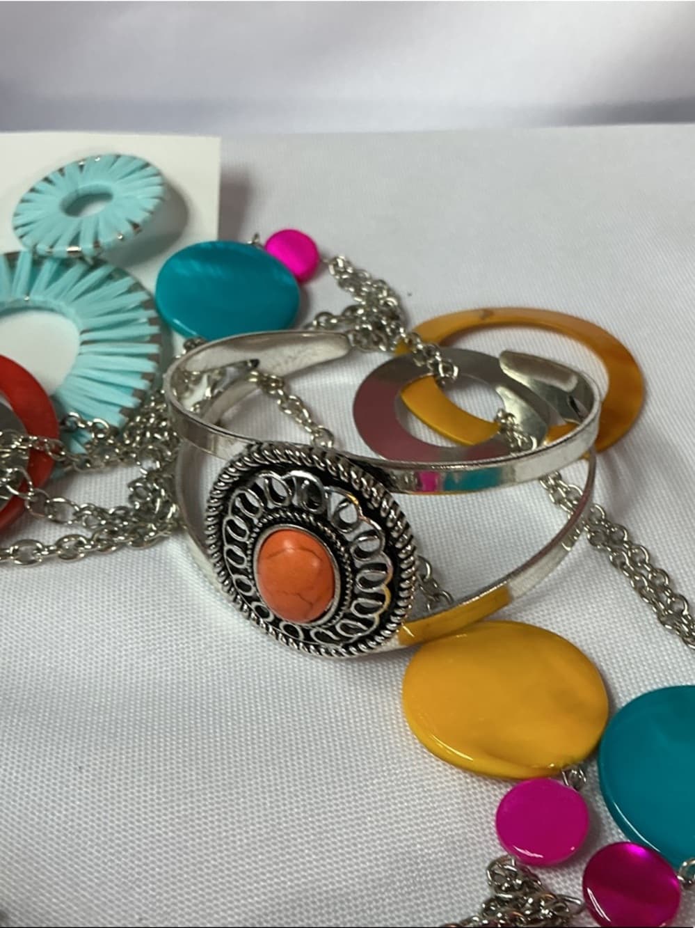 ★ Colorful Boho Jewelry Set Statement Necklace Earrings Cuff Bracelet - Thumbnail 3