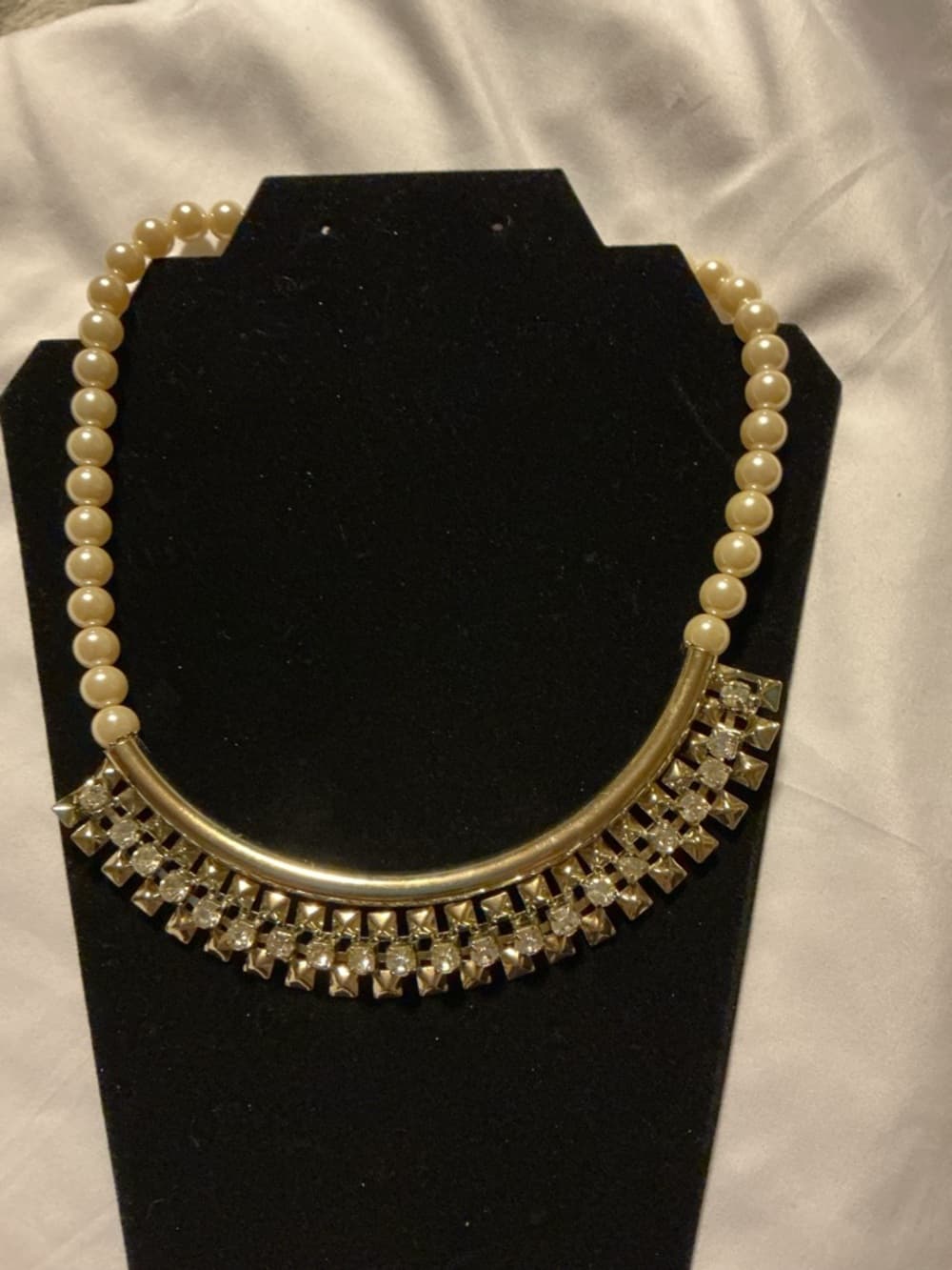 Gold Pearl Statement Necklace Rhinestone Fringe Bib Collar - Thumbnail 6