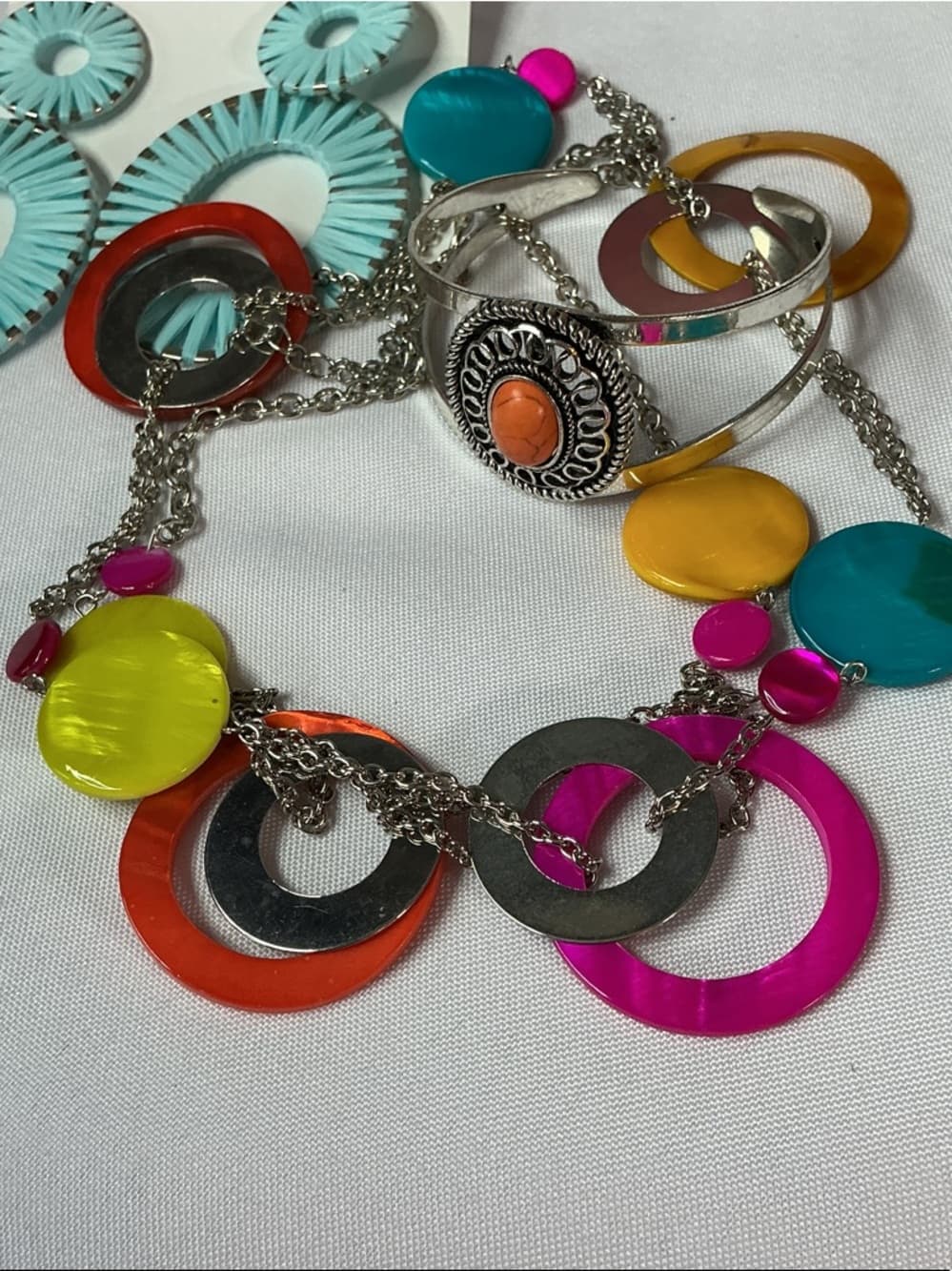 ★ Colorful Boho Jewelry Set Statement Necklace Earrings Cuff Bracelet - Thumbnail 4