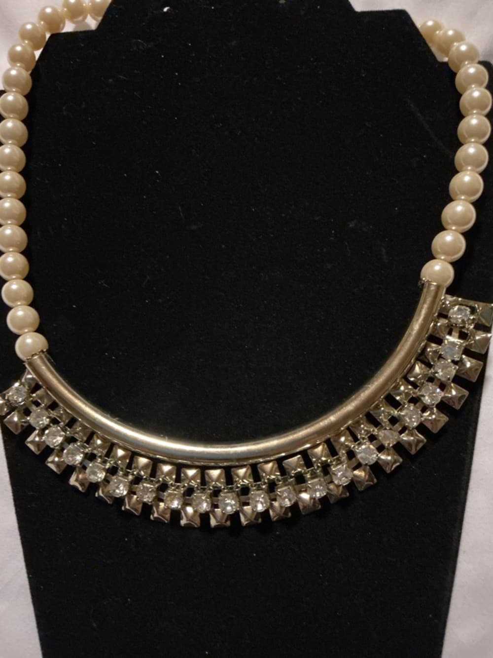Gold Pearl Statement Necklace Rhinestone Fringe Bib Collar - Thumbnail 2