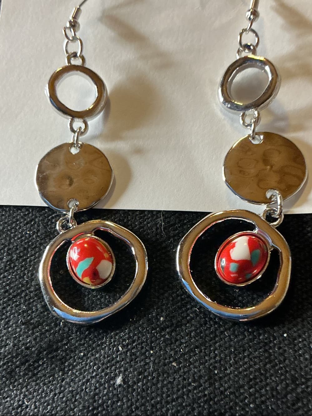 ★ Abstract Silver Tone Red Accent Dangle Statement Earrings - Thumbnail 2