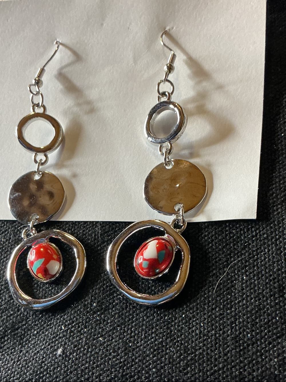 ★ Abstract Silver Tone Red Accent Dangle Statement Earrings - Thumbnail 3