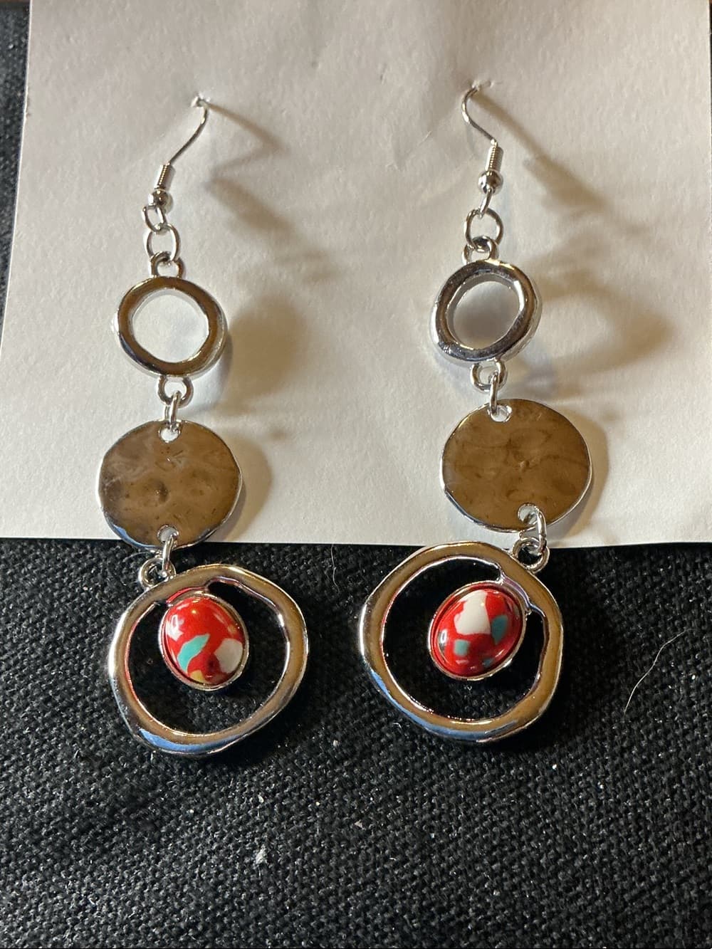 ★ Abstract Silver Tone Red Accent Dangle Statement Earrings - Thumbnail 4