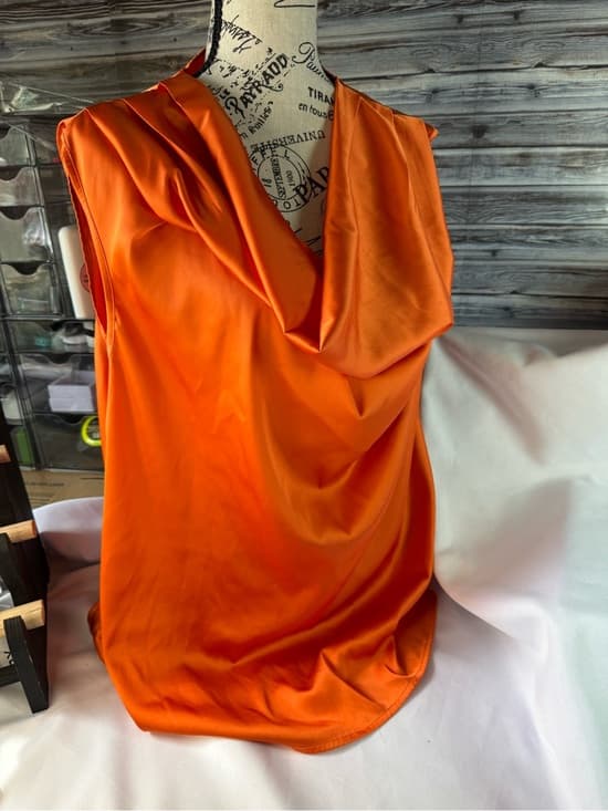 ★ Orange Sleeveless Cowl Neck Blouse Draped Career Top Size XL - Thumbnail 6