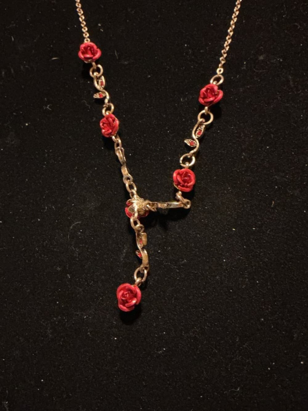 Gold Tone Red Rose Dangle Necklace Floral Y Drop Romantic Statement - Thumbnail 3
