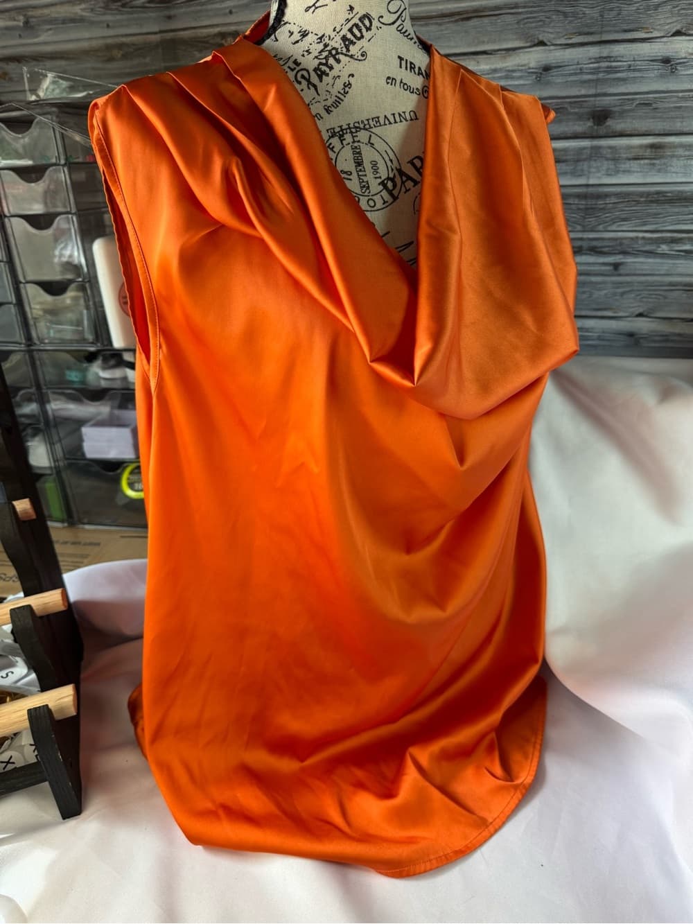 ★ Orange Sleeveless Cowl Neck Blouse Draped Career Top Size XL - Thumbnail 2
