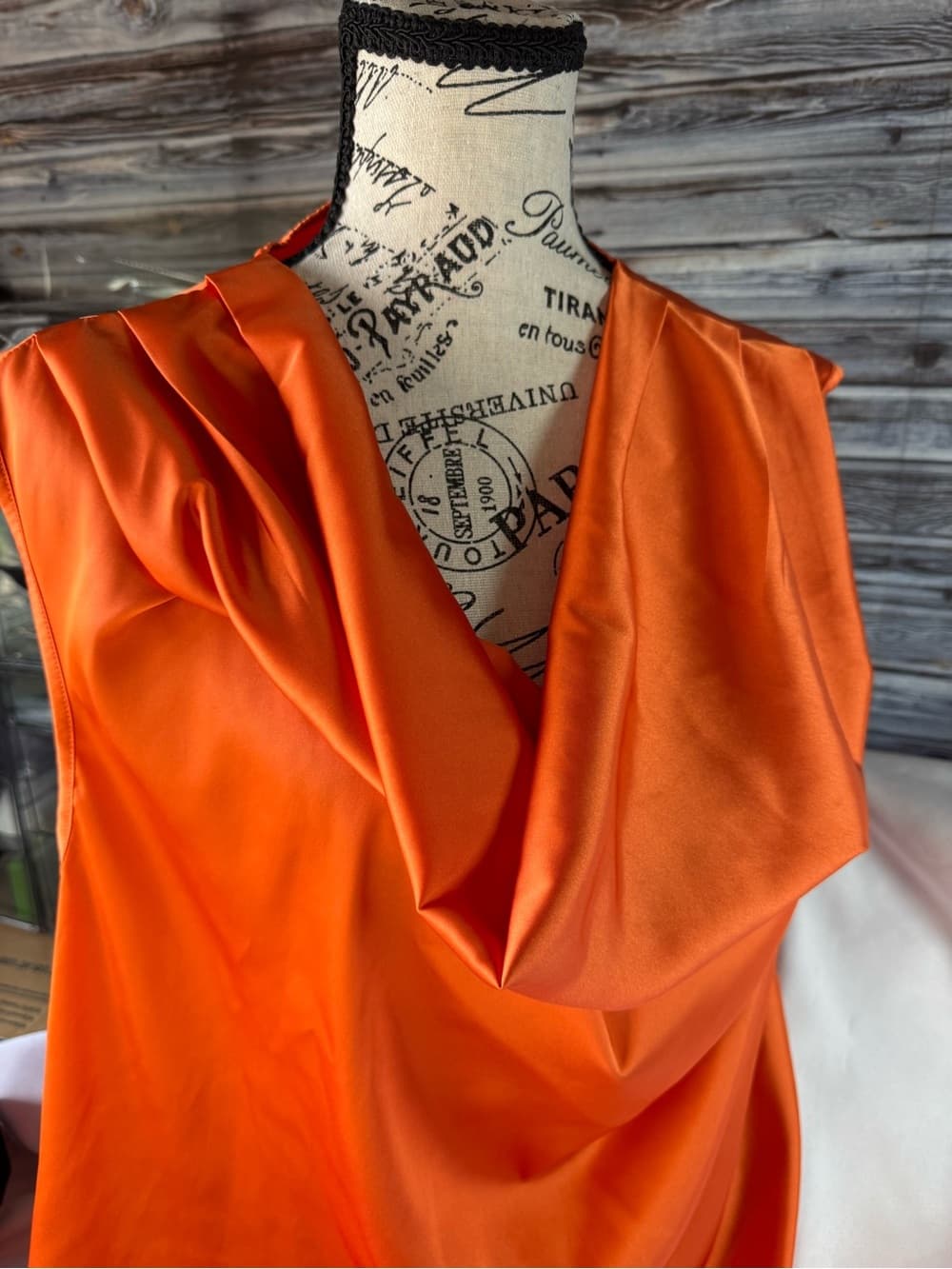 ★ Orange Sleeveless Cowl Neck Blouse Draped Career Top Size XL