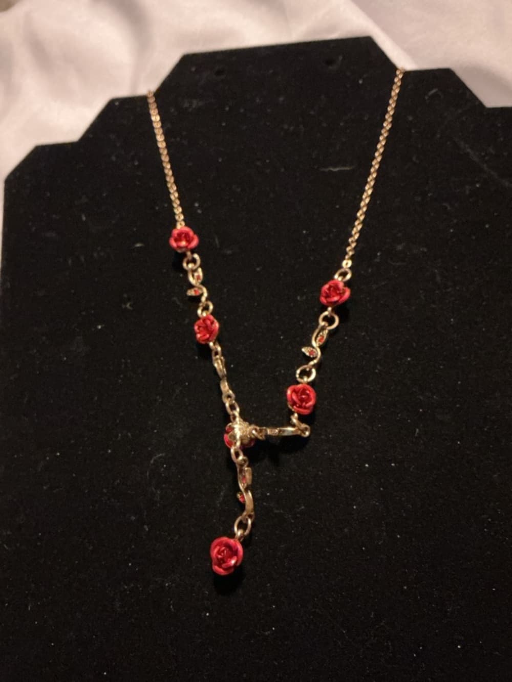 Gold Tone Red Rose Dangle Necklace Floral Y Drop Romantic Statement - Thumbnail 2