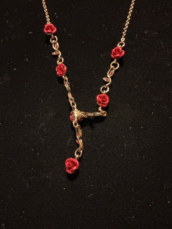 Gold Tone Red Rose Dangle Necklace Floral Y Drop Romantic Statement - Thumbnail 4