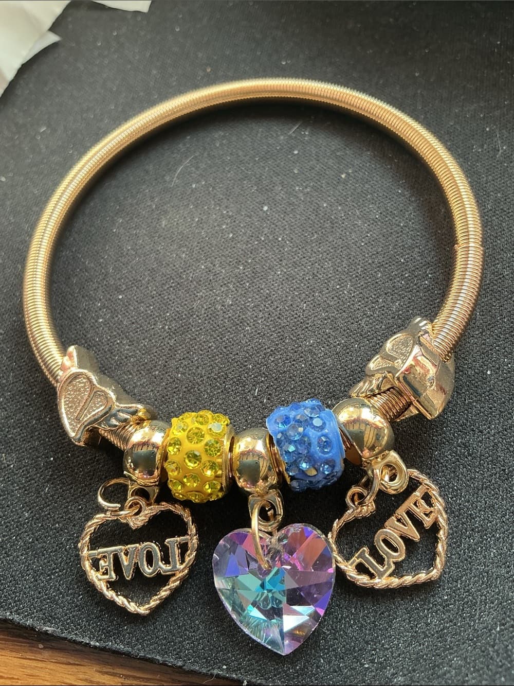 ⭐ Gold Tone Love Charm Bangle Bracelet Pink Purple Rhinestones - Thumbnail 2