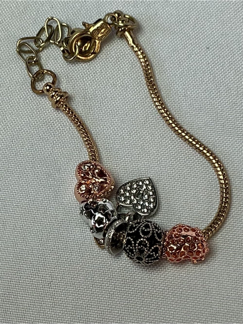 ★ Rose Gold Charm Bracelet Hearts Rhinestone European Style Beads - Thumbnail 3