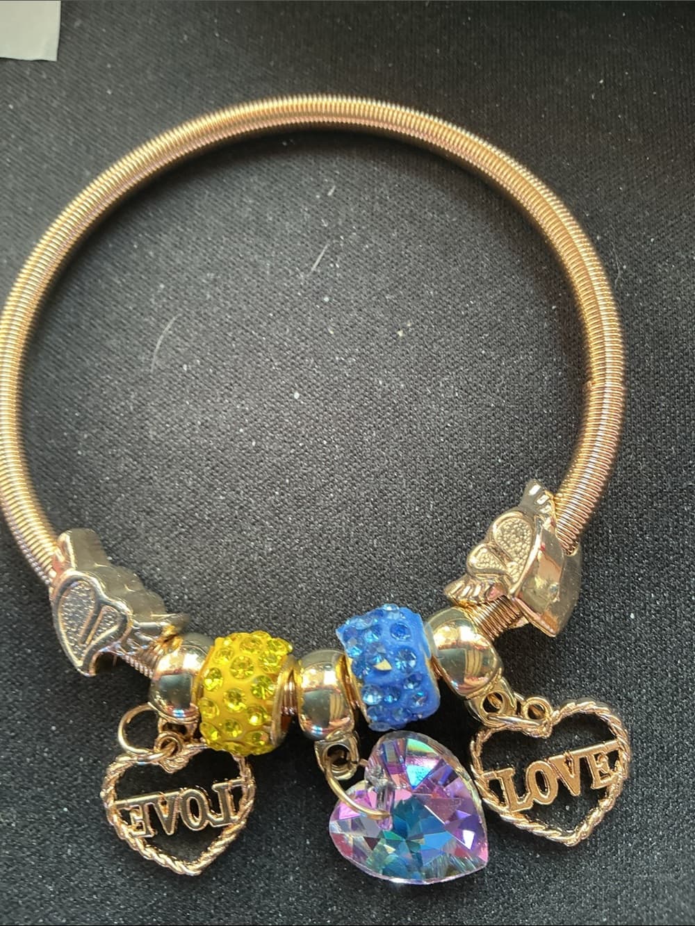 ⭐ Gold Tone Love Charm Bangle Bracelet Pink Purple Rhinestones
