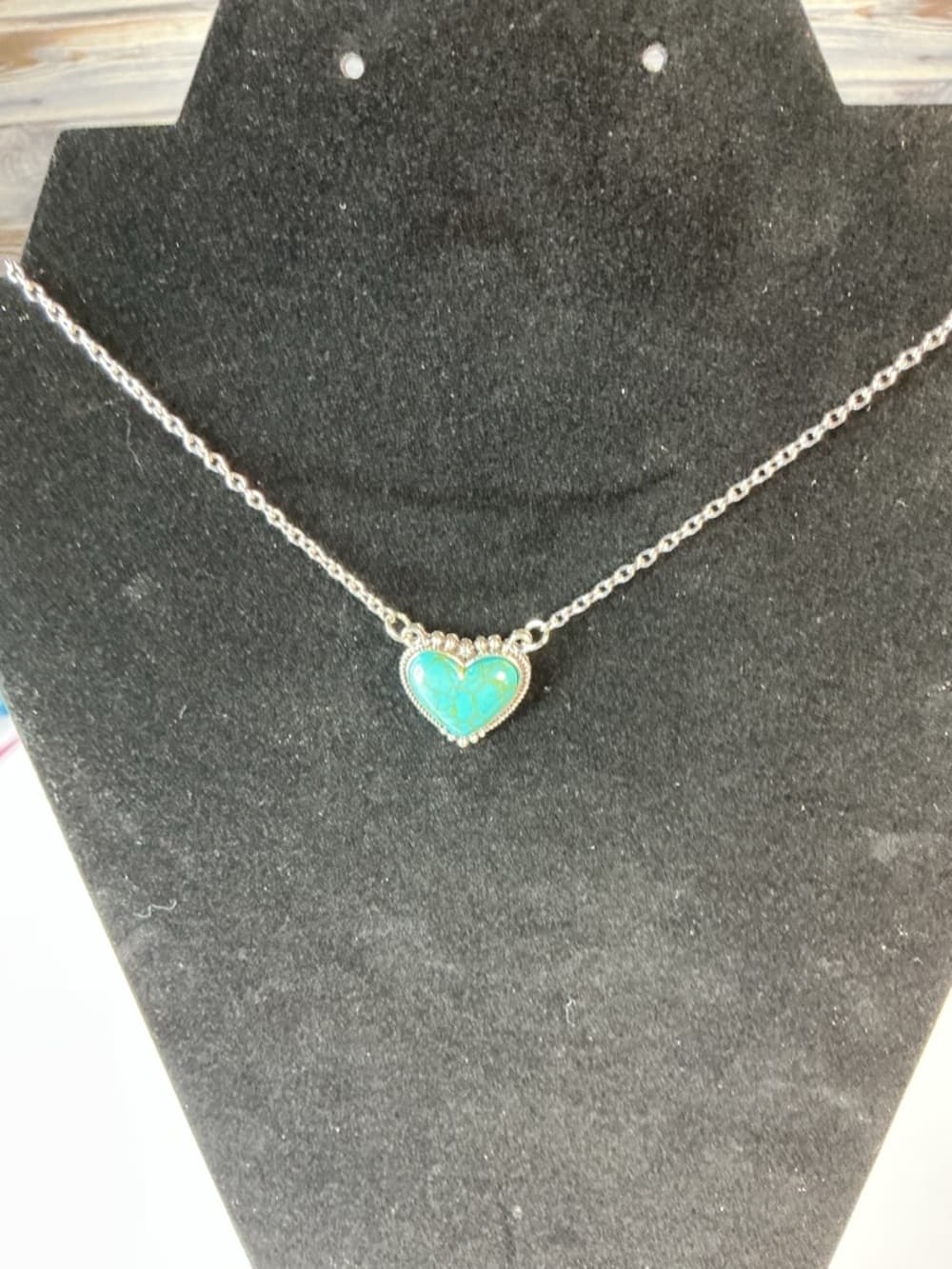 Turquoise Heart Pendant Necklace Silver Tone Dainty Chain