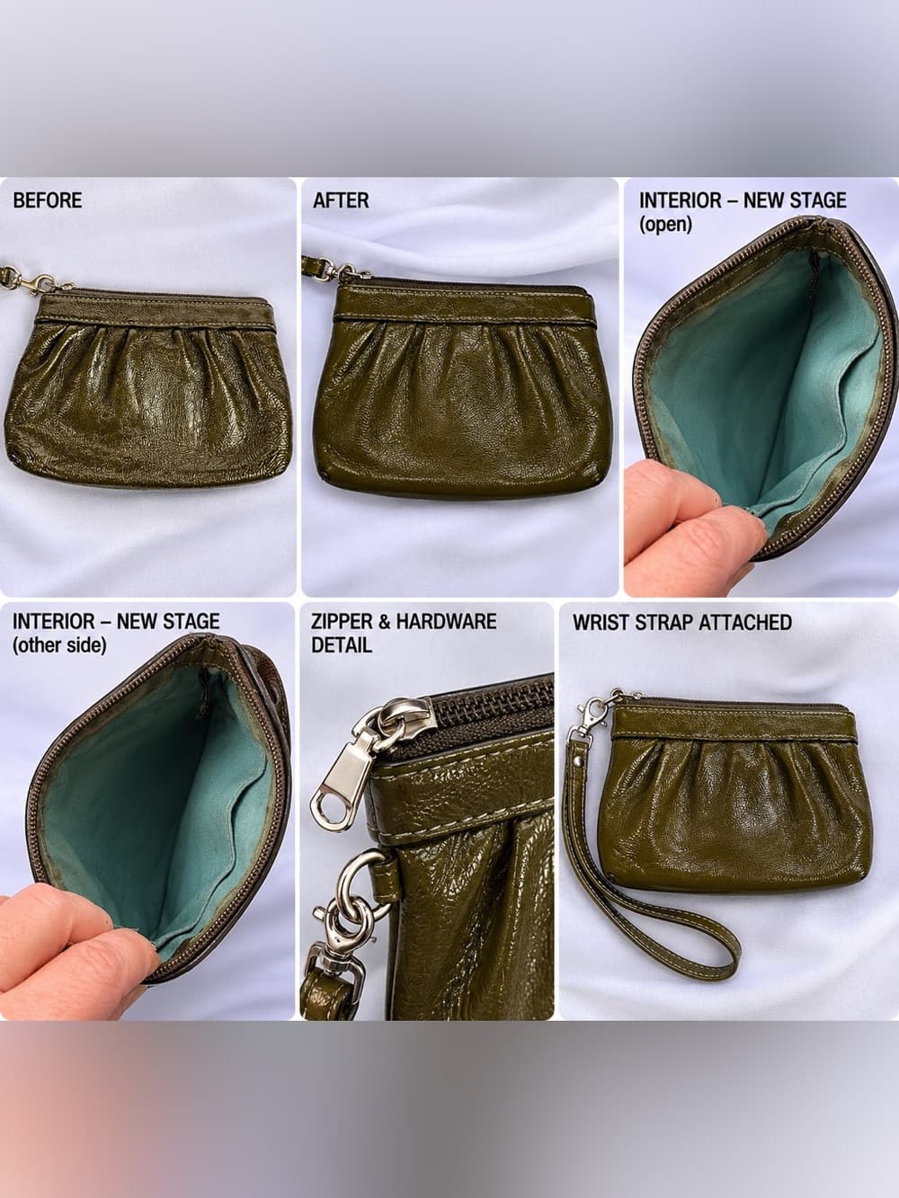 ⭐ Vintage Olive Green Leather Wristlet Pouch Clutch Teal Lining Bag - Thumbnail 5