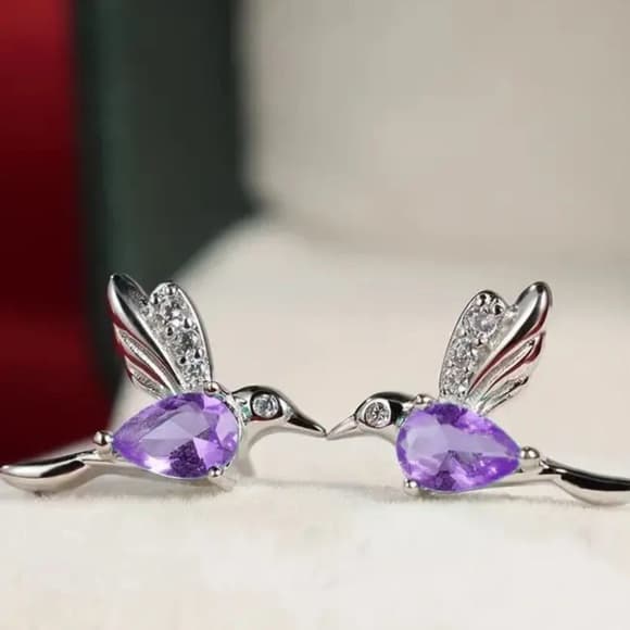 ⭐ Purple Crystal Hummingbird Earrings Silver Tone Rhinestone Studs - Thumbnail 4