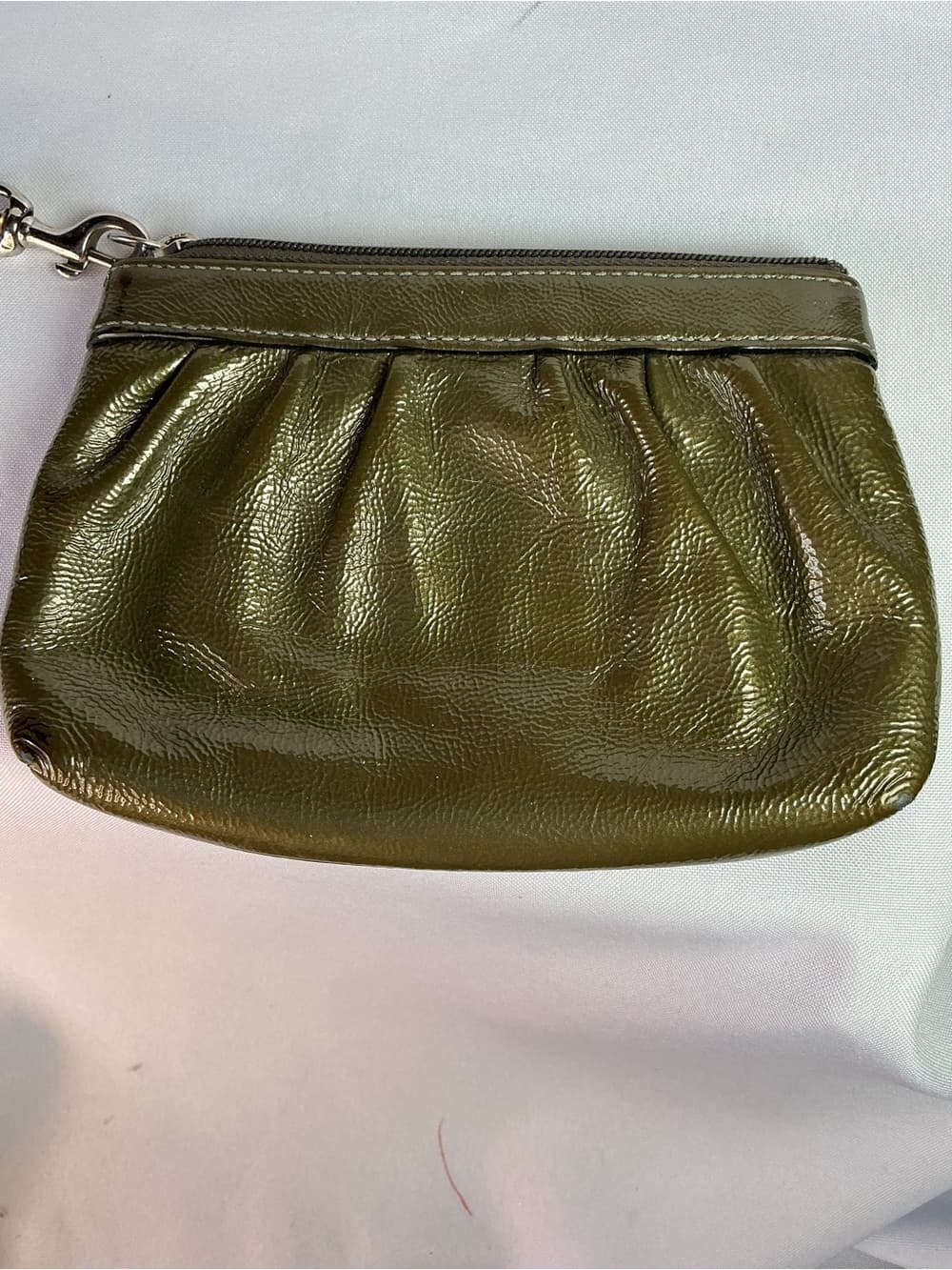 ⭐ Vintage Olive Green Leather Wristlet Pouch Clutch Teal Lining Bag