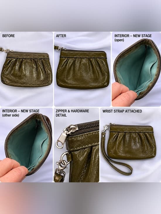 ⭐ Vintage Olive Green Leather Wristlet Pouch Clutch Teal Lining Bag - Thumbnail 6
