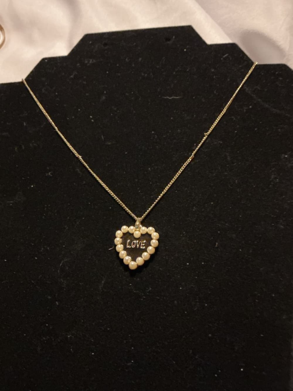 Gold Tone Heart LOVE Pendant Necklace Faux Pearl Romantic Cute
