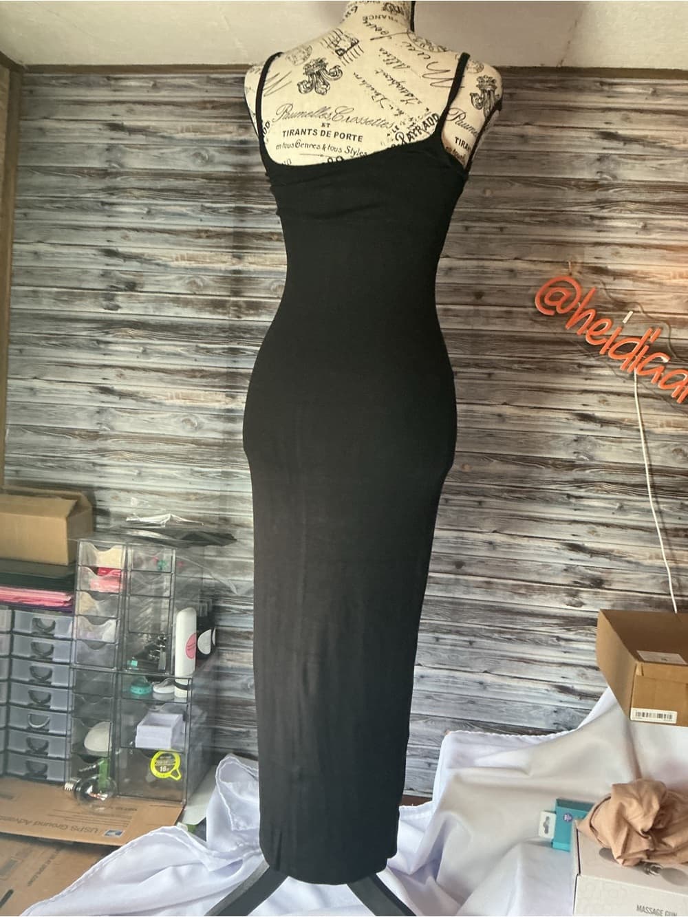 ⭐ Black Bodycon Midi Dress Minimalist Slip Dress Stretch Spaghetti Strap - Thumbnail 3