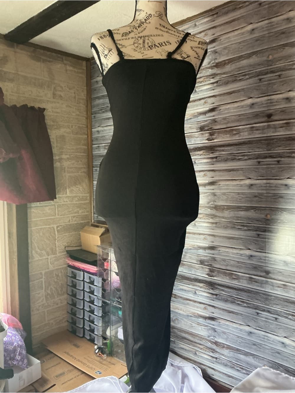 ⭐ Black Bodycon Midi Dress Minimalist Slip Dress Stretch Spaghetti Strap - Thumbnail 2