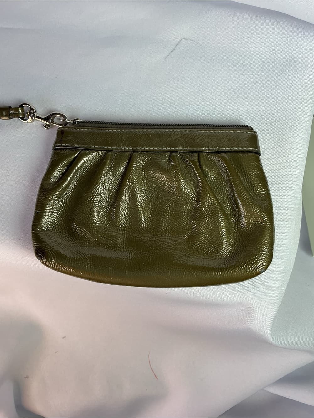⭐ Vintage Olive Green Leather Wristlet Pouch Clutch Teal Lining Bag - Thumbnail 2