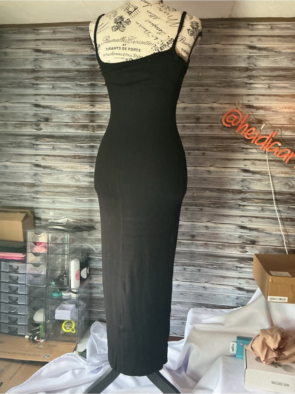 ⭐ Black Bodycon Midi Dress Minimalist Slip Dress Stretch Spaghetti Strap - Thumbnail 4