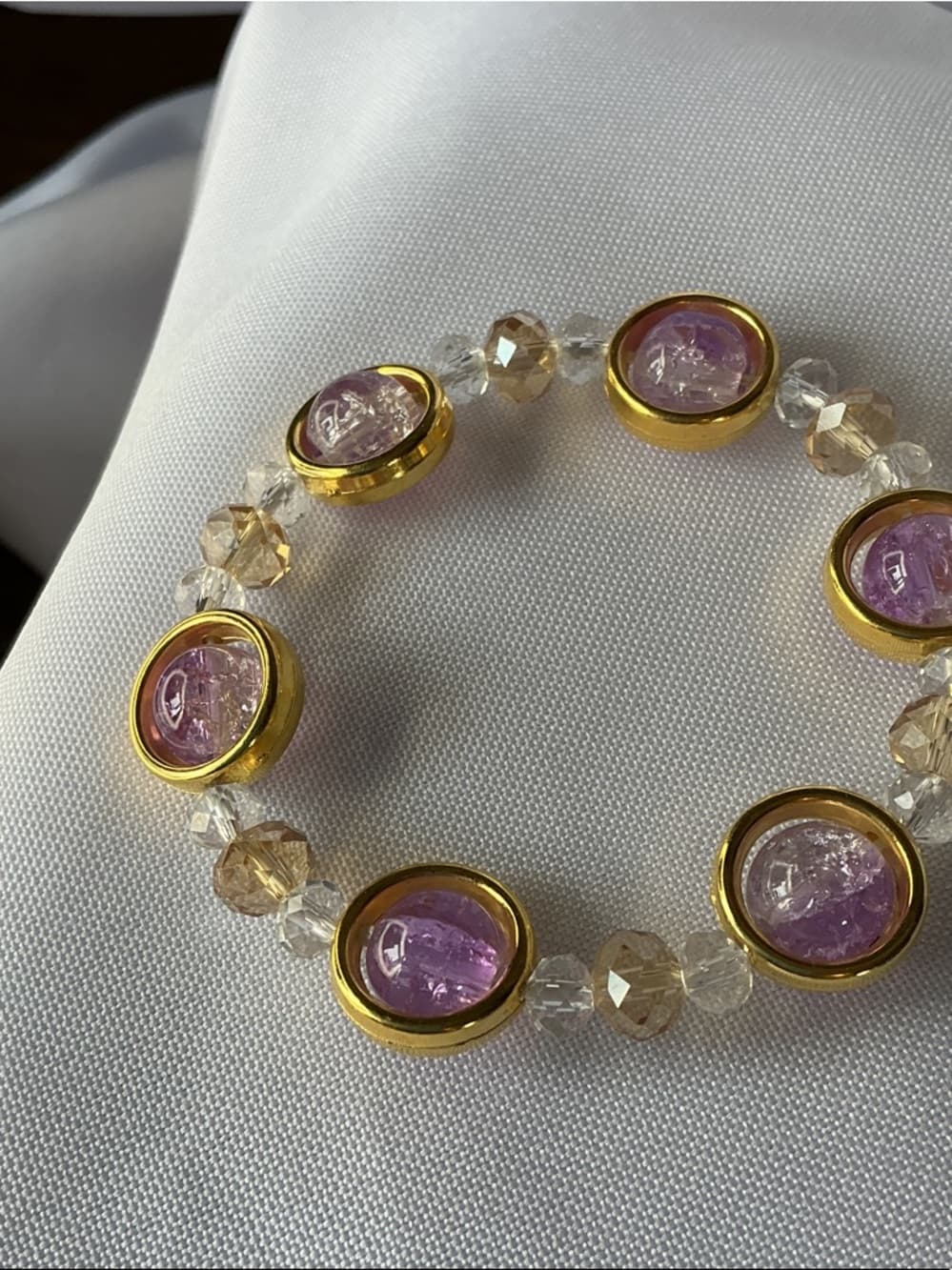 ⭐️Purple Gold Beaded Stretch Bracelet Crystal Accent Statement - Thumbnail 2