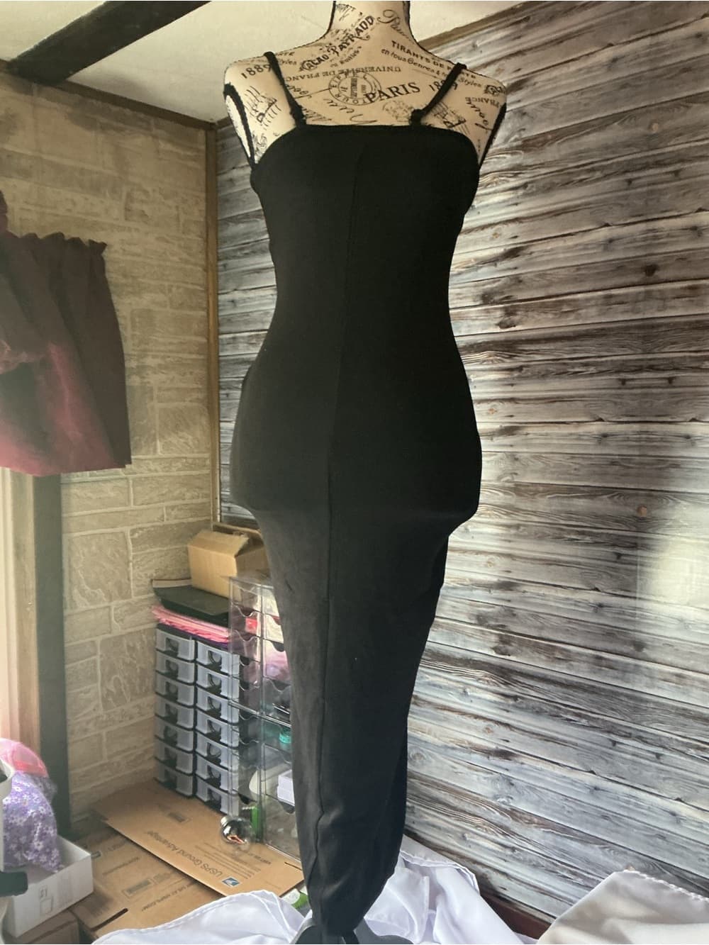 ⭐ Black Bodycon Midi Dress Minimalist Slip Dress Stretch Spaghetti Strap
