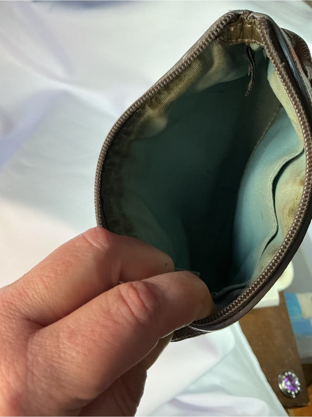 ⭐ Vintage Olive Green Leather Wristlet Pouch Clutch Teal Lining Bag - Thumbnail 3
