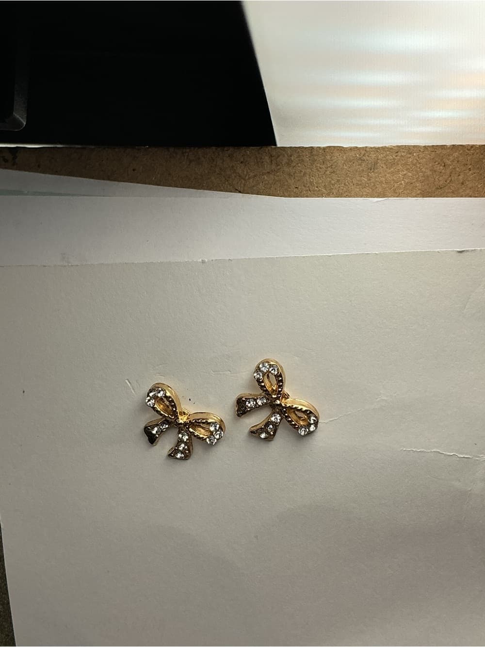 ⭐ Gold Tone Rhinestone Bow Stud Earrings Feminine Coquette Glam