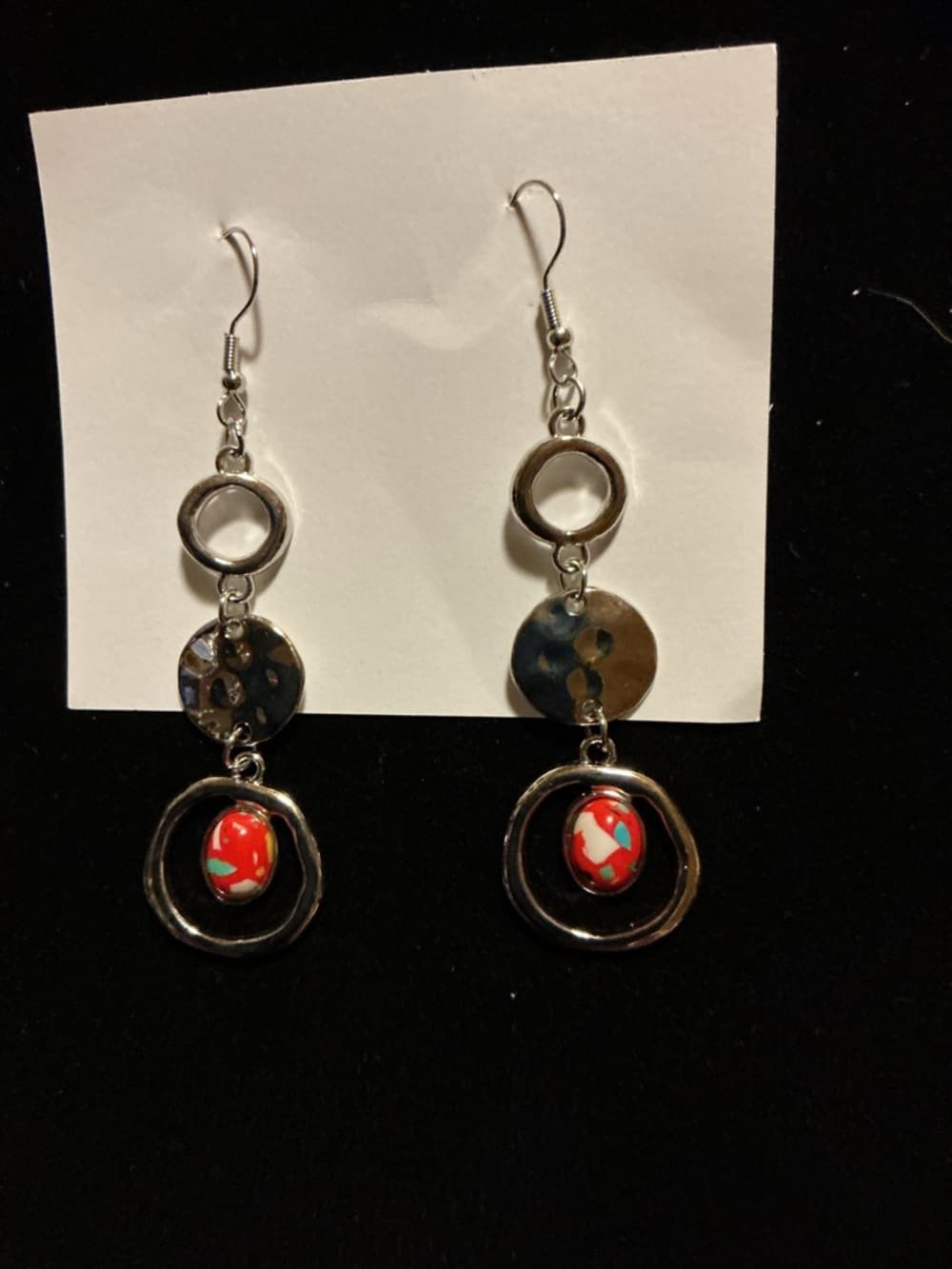 Boho Dangle Earrings Red Bead Silver Tone Mixed Media - Thumbnail 2