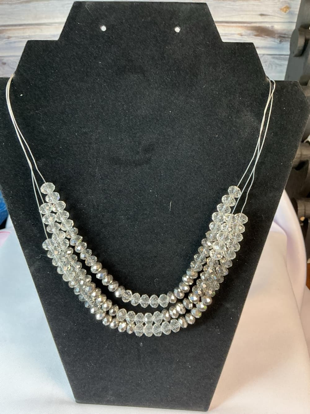 ★ Layered Crystal Beaded Necklace Silver Gray Statement Jewelry