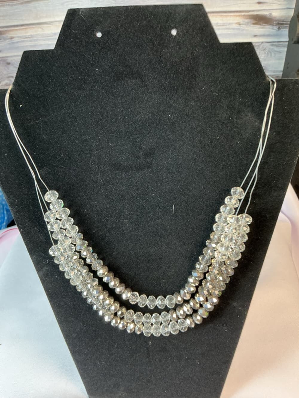★ Layered Crystal Beaded Necklace Silver Gray Statement Jewelry - Thumbnail 3