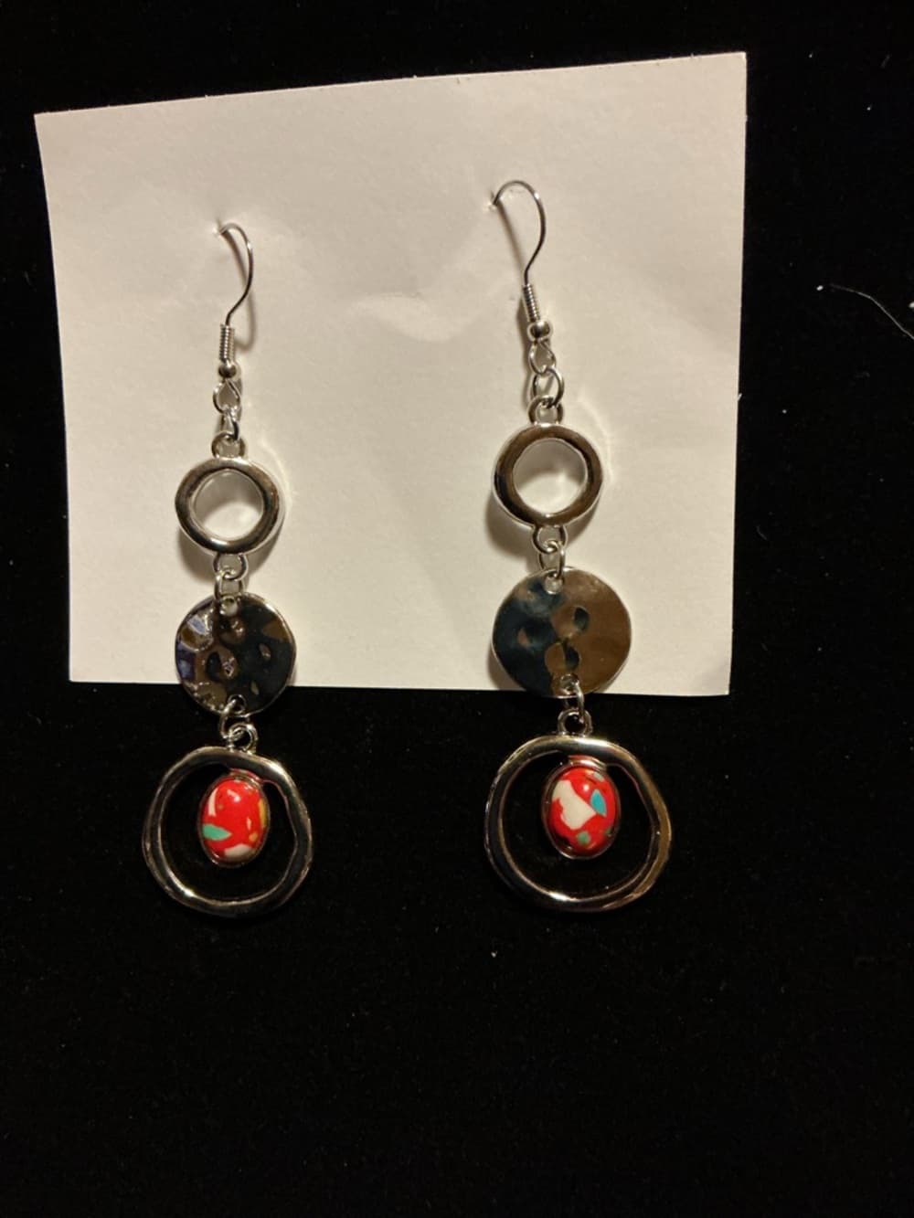 Boho Dangle Earrings Red Bead Silver Tone Mixed Media