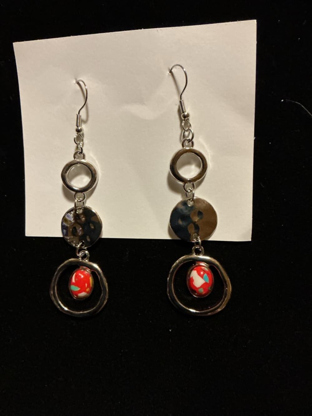 Boho Dangle Earrings Red Bead Silver Tone Mixed Media - Thumbnail 3