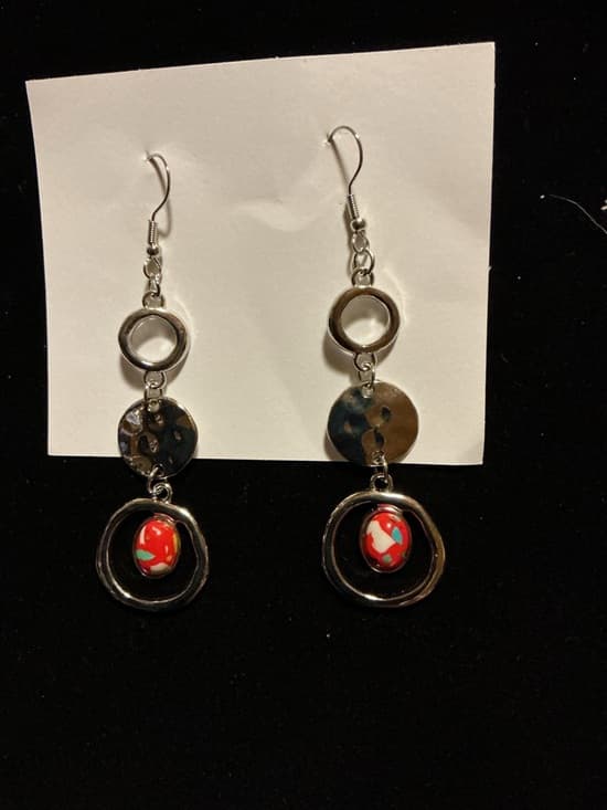 Boho Dangle Earrings Red Bead Silver Tone Mixed Media - Thumbnail 5
