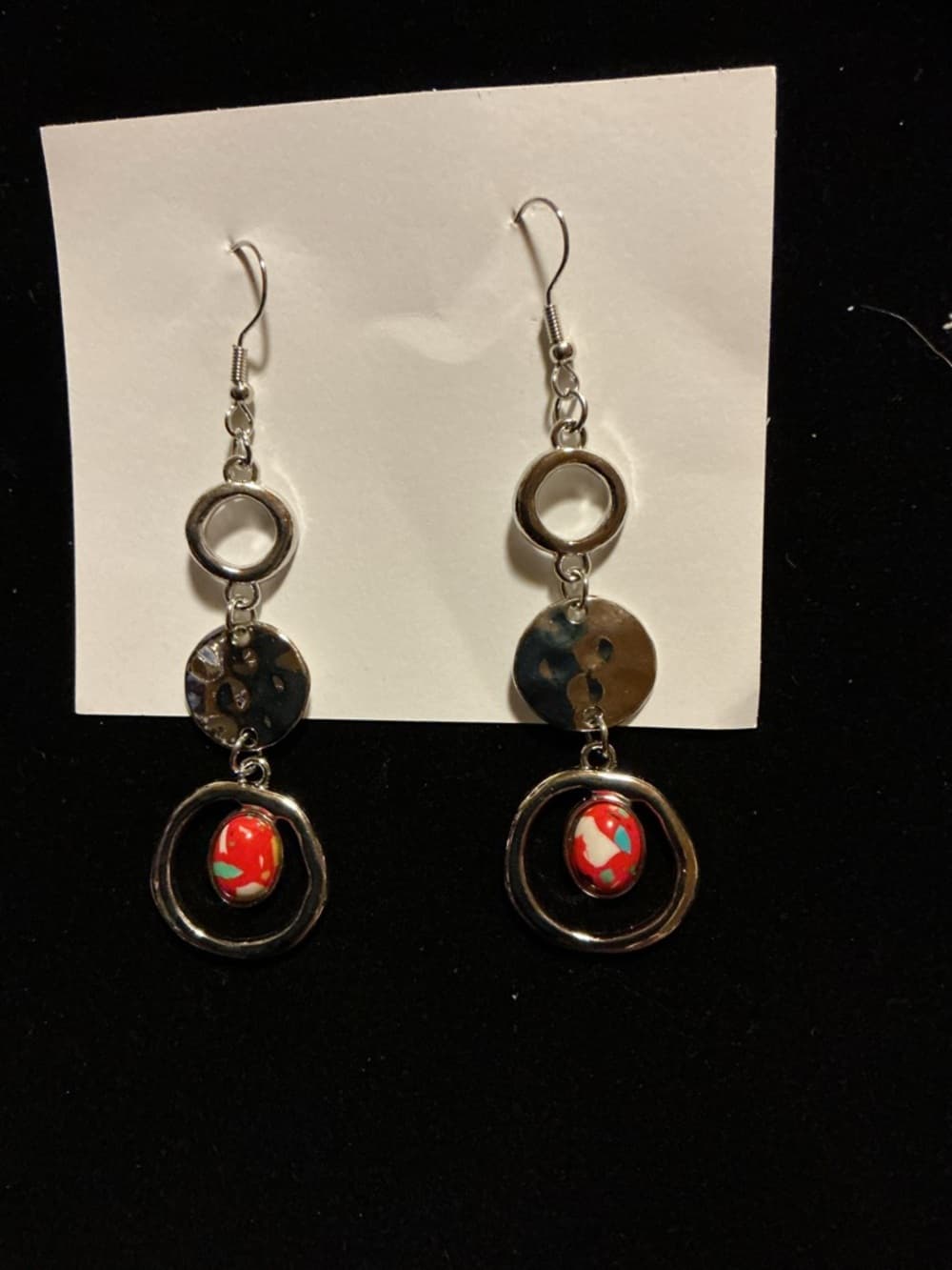 Boho Dangle Earrings Red Bead Silver Tone Mixed Media - Thumbnail 4
