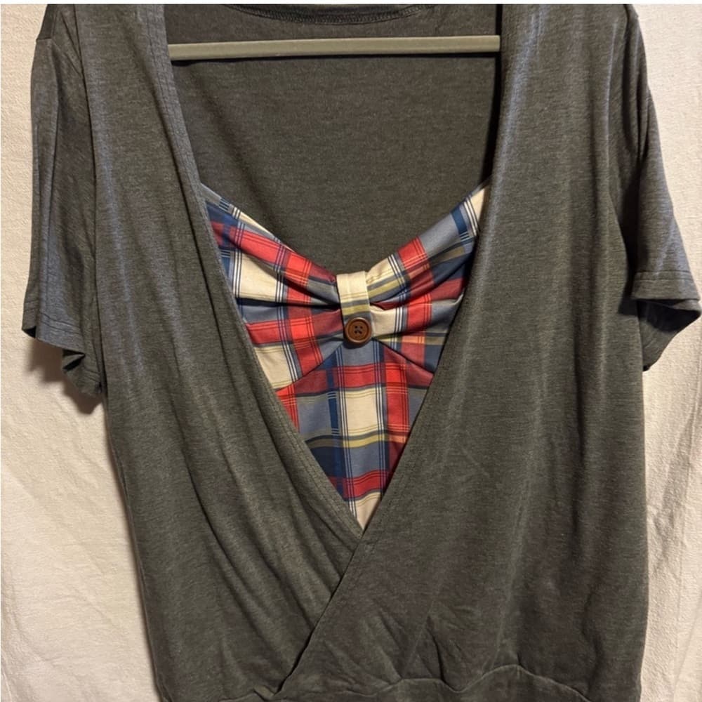 ★ Boutique Plaid Insert Surplice Top Gray Short Sleeve Blouse XL - Thumbnail 7