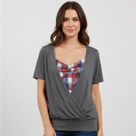 ★ Boutique Plaid Insert Surplice Top Gray Short Sleeve Blouse XL - Thumbnail 9