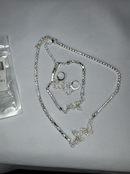 Rhinestone Butterfly Jewelry Set Necklace Bracelet Earrings Silver - Thumbnail 10