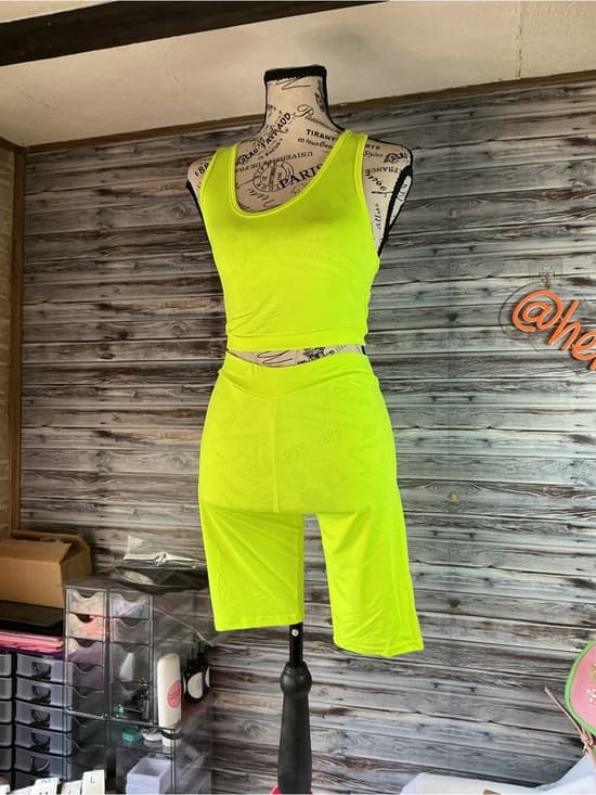 ⭐ Neon Yellow Racerback Biker Short Set Two Piece Lounge Outfit - Thumbnail 7