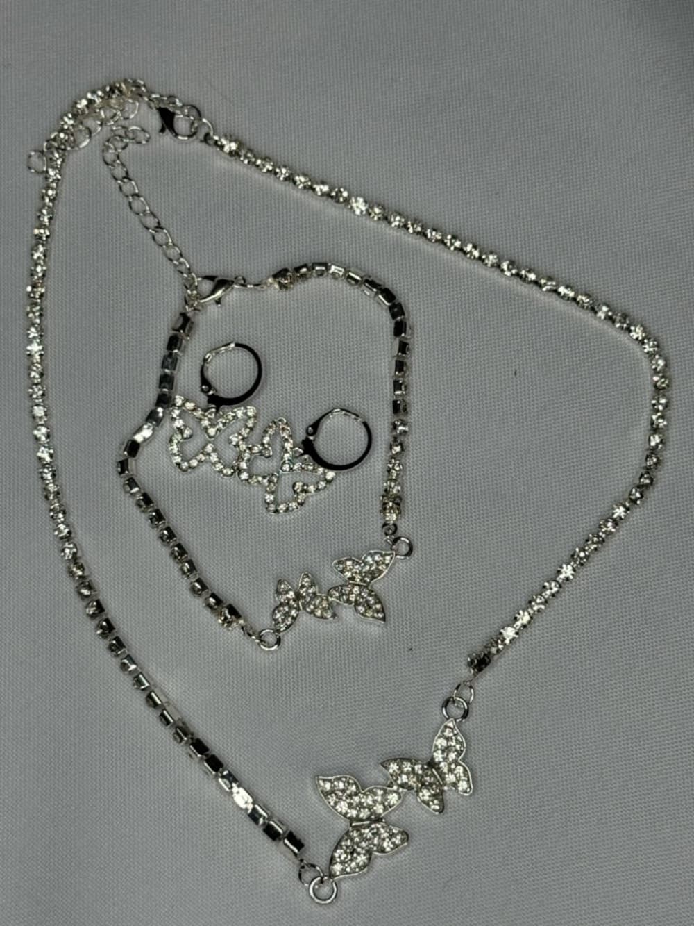 Rhinestone Butterfly Jewelry Set Necklace Bracelet Earrings Silver - Thumbnail 3