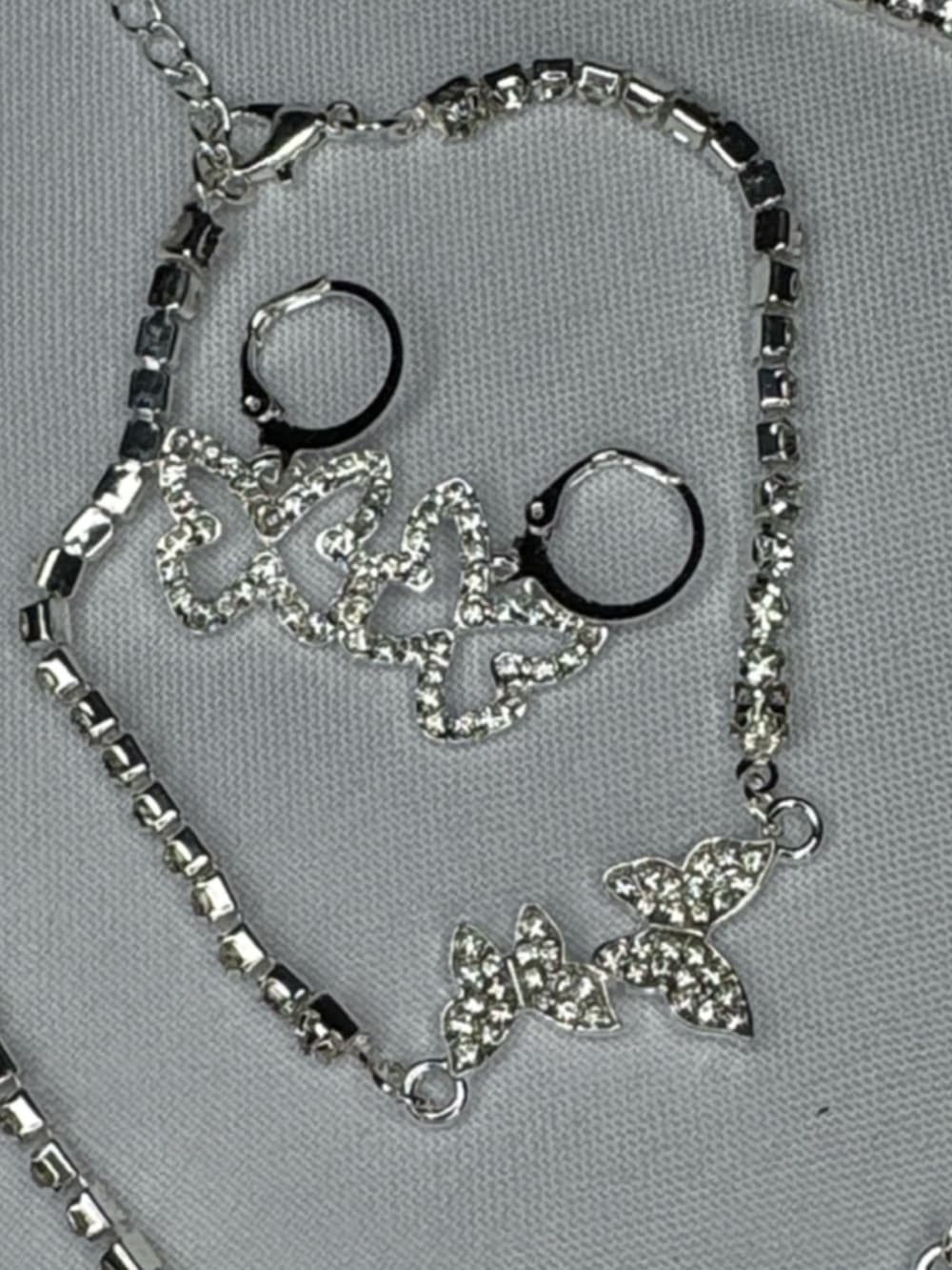 Rhinestone Butterfly Jewelry Set Necklace Bracelet Earrings Silver - Thumbnail 2