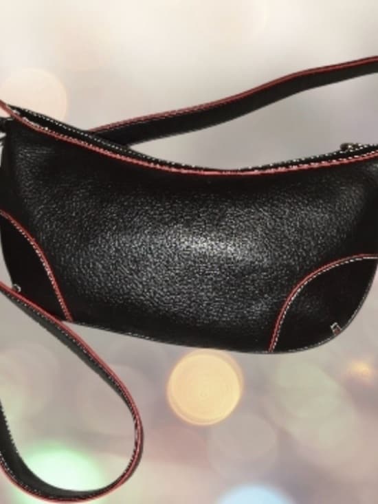 ⭐ Tommy Hilfiger Black Pebbled Hobo Bag Red Trim Shoulder Purse - Thumbnail 9