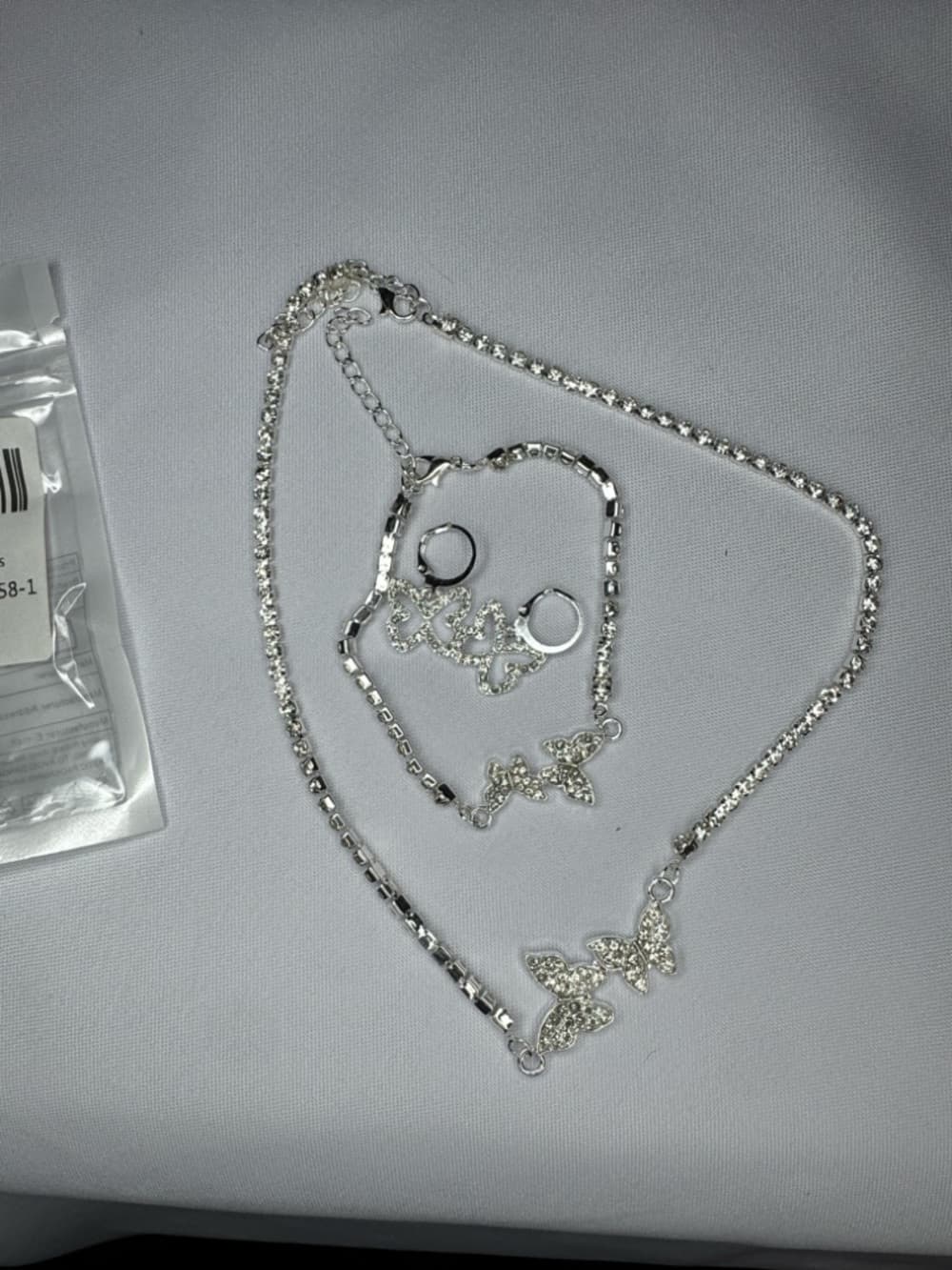 Rhinestone Butterfly Jewelry Set Necklace Bracelet Earrings Silver - Thumbnail 9