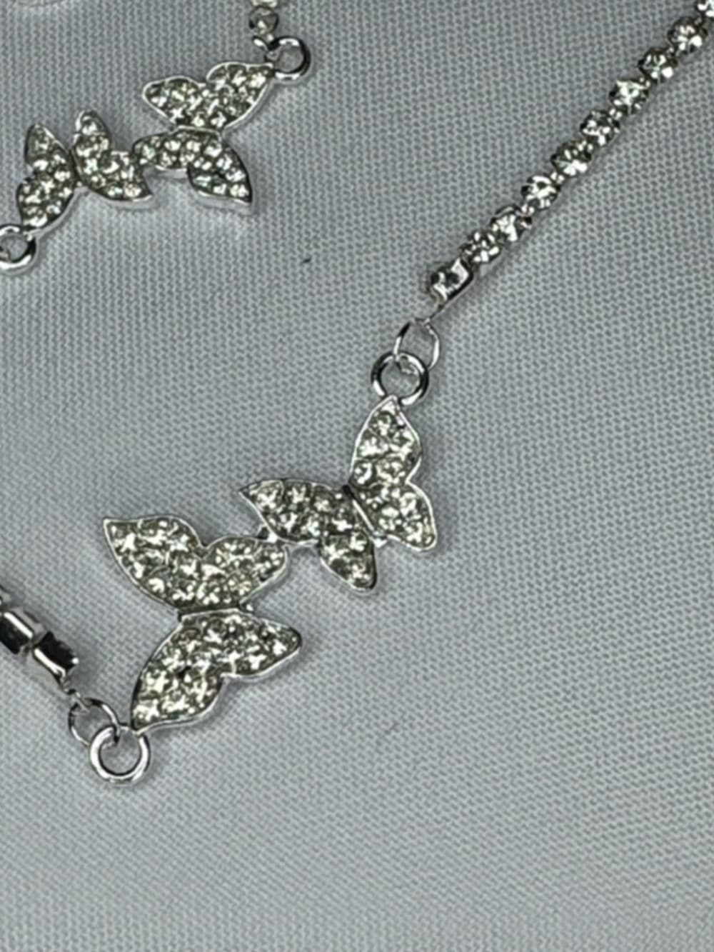 Rhinestone Butterfly Jewelry Set Necklace Bracelet Earrings Silver